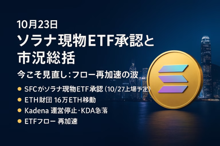 香港SFCがソラナ現物ETFを承認。上場は10/27、コード3460/83460/9460、100口・管理料0.99%。JST 10/23の一次情報に基づく要点まとめ。