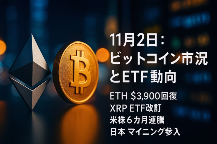 ETHは$3,901（+0.16%/24h）で回復。XRP現物ETFは管理報酬0.34%でNYSE記載に改訂。日本は政府系マイニング11番目。JST 11/02 10:00の市況スナップ。 ※情報提供であり投資助言ではありません。