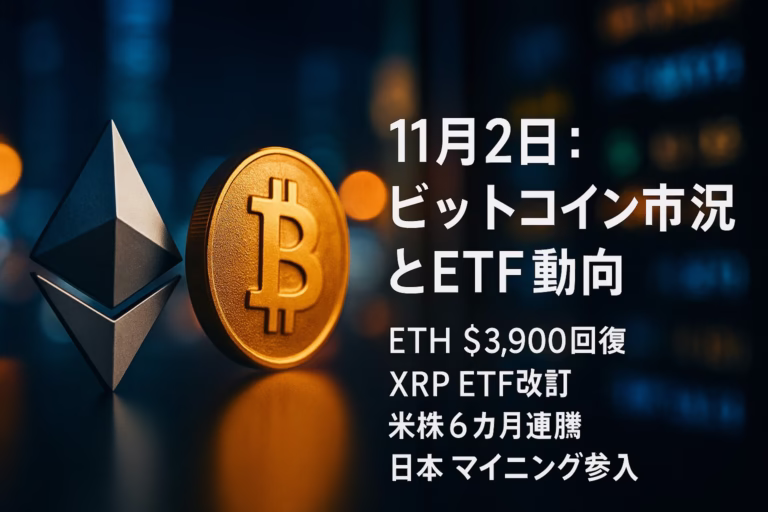 ETHは$3,901（+0.16%/24h）で回復。XRP現物ETFは管理報酬0.34%でNYSE記載に改訂。日本は政府系マイニング11番目。JST 11/02 10:00の市況スナップ。 ※情報提供であり投資助言ではありません。