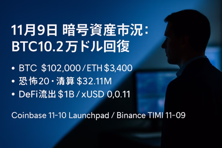 BTCは$102,000回復、恐怖と強欲は20（Extreme Fear）。DeFiは週次~$1B流出観測。JST 11/09 20:00基準。※情報提供で投資助言ではありません。