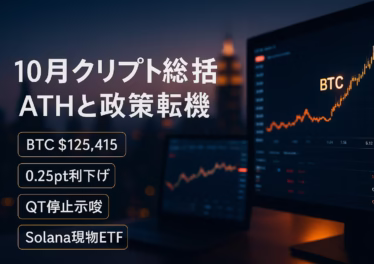 BTCは10/05に$125,415でATH、10/30に0.25pt利下げ・12/01にQT停止方針。香港でSOL現物ETFが10/27上場。JST 11/01基準の月次総括。