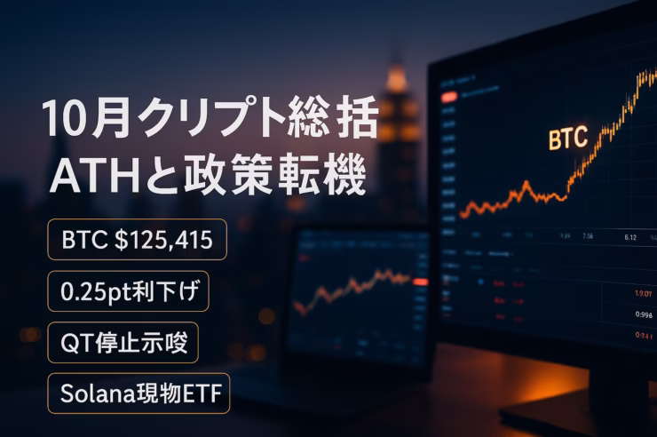 BTCは10/05に$125,415でATH、10/30に0.25pt利下げ・12/01にQT停止方針。香港でSOL現物ETFが10/27上場。JST 11/01基準の月次総括。