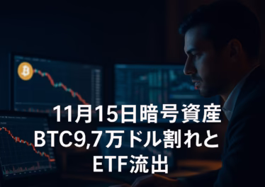 11月15日暗号資産:BTC9.7万ドル割れとETF流出 8 BTCが$97,000割れ・恐怖指数15、11/13のBTC/ETH現物ETFはそれぞれ-$870M/-$260Mの純流出。FSILのBTC1%配分とAztec×Uniswap CCAの条件も含めて、11/15の市況を「価格・フロー・制度」の3軸で整理した内容です(JST 2025-11-15昼時点)。