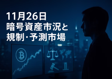 ２０２５年１１月２６日JSTの暗号資産市況。BTCは高値から約３０％調整のレンジ、ETF資金は日替わり。PolymarketのCFTC認可やUAE新金融法、USDe半減とUSDT１，８４７億ドルなど、規制とステーブル動向をまとめた解説用サマリー。