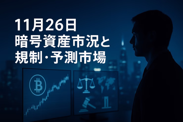 ２０２５年１１月２６日JSTの暗号資産市況。BTCは高値から約３０％調整のレンジ、ETF資金は日替わり。PolymarketのCFTC認可やUAE新金融法、USDe半減とUSDT１，８４７億ドルなど、規制とステーブル動向をまとめた解説用サマリー。