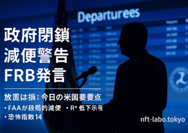 米政府閉鎖とFAA減便、FRB発言も 8 FAA 11/11 6%・11/14 10%減便、最大20%警告。政府閉鎖38日目。Fear&Greed(株)14/(暗号)20–24。JST 11/08 12:00。