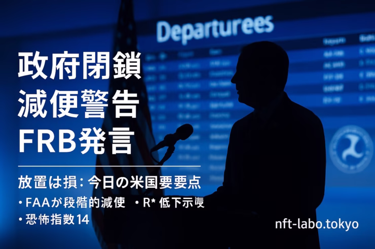 FAA 11/11 6%・11/14 10%減便、最大20%警告。政府閉鎖38日目。Fear&Greed（株）14／（暗号）20–24。JST 11/08 12:00。