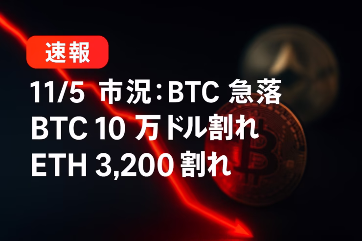 11/05 JST、BTC $100k割れ・ETH $3.2k割れ。政策は“戦争終結”トーン、企業は$1億借入で取得示唆。価格・フロー・脆弱性の3点を要確認。