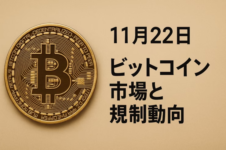 BTCは10月高値から約35％調整しつつ11/22時点で約$84,000を維持。11/21の現物ETFはBTC+2.38億ドル・ETH+5,571万ドル純流入に反転し、センチメント悪化とCPI延期、英国の制裁摘発強化が重なる状況を1枚で整理した図。