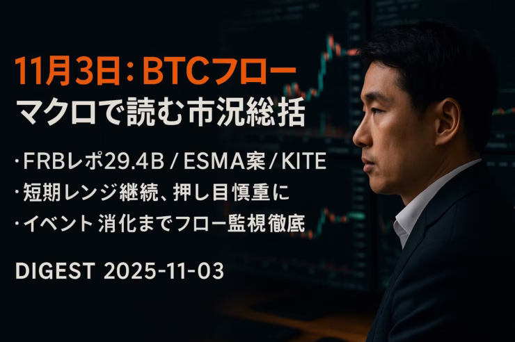 JST 11/03 21:00 KITE請求・22:00上場。FRBレポ$29.4Bと利下げ観測で下支え、$105k〜$115kレンジ想定。出典:@binance／時間と数値はJST基準。