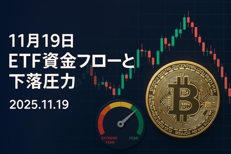 2025-11-19 JST時点の暗号資産市況まとめ。ETFは週次で−20億ドル流出、AUMは約2,640億→1,910億ドルへ縮小。恐怖指数9のなか、日本の20%課税案、FSOL上場、SGXのBTC/ETHパーペ上場予定といった制度面の動きも整理した投稿です。