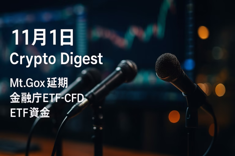Mt.Gox返済は2026-10-31へ延長で供給懸念が後方化。金融庁は海外ETF原資産CFDに否定的見解。前日ETF純流出▲$488M（10/30）。JST 11/01 10:00。