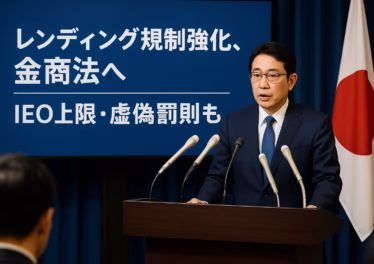 レンディング規制強化、金商法へ|IEO上限・虚偽罰則も 9 JST 11/08 12:50。貸付の金商法監督化とIEO上限(年50万円超→年収/純資産5%、上限200万円)の方向性を一次資料で確認。施行は2026–27目線。