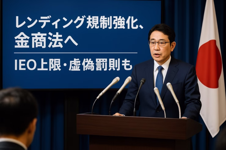 JST 11/08 12:50。貸付の金商法監督化とIEO上限（年50万円超→年収/純資産5%、上限200万円）の方向性を一次資料で確認。施行は2026–27目線。