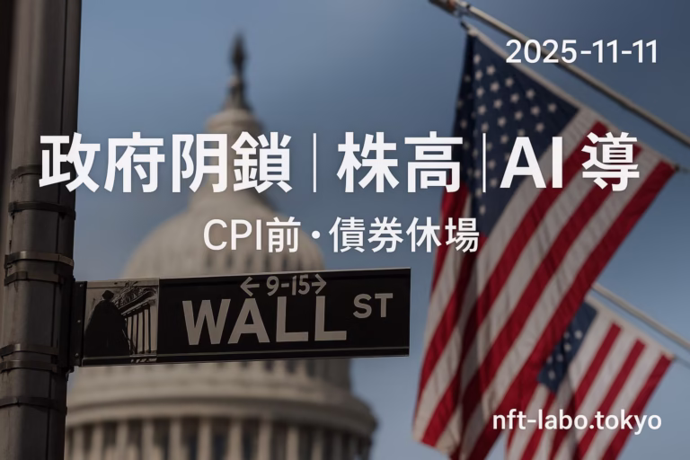 米株はAI主導で上昇（S&P+1.54%/Nasdaq+2.27%）。本日11/11は株式開場・債券休場。BTCは約$106,000、CPIは11/13 22:30 JST発表。