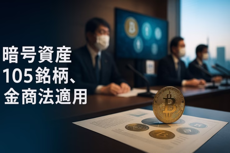 暗号資産105銘柄への金商法適用方針と分離課税20%要望で変わる投資環境の要点を整理。2025-11-16 JST時点の状況イメージ。