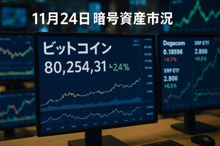 2025-11-24の暗号資産市況まとめ。BTC8万ドル台・ETH2,800ドル近辺の調整レンジ、DOGE/XRP ETF上場とMonad公募$269M、MEXC警告とPort3ハックまでを日本人投資家向けに整理。