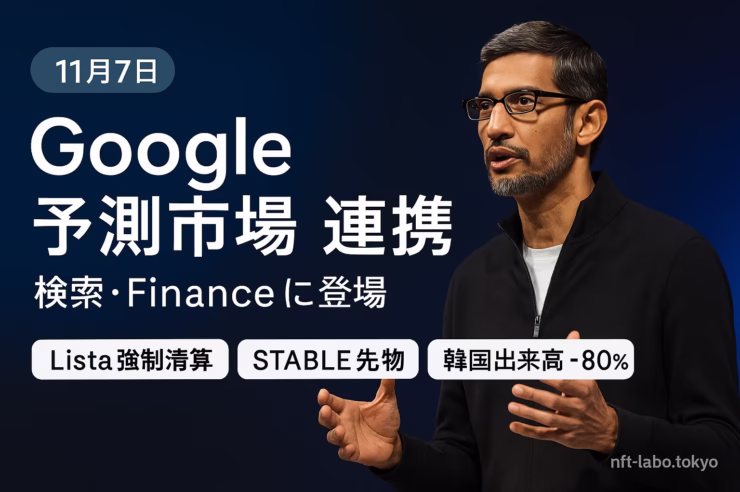 Googleが予測市場データを検索/Financeへ導入。Listaは強制清算投票中（締切11/09 21:12 JST）。Aave USDT利用率92.83%、韓国出来高−80%。JST基準の要点まとめ。