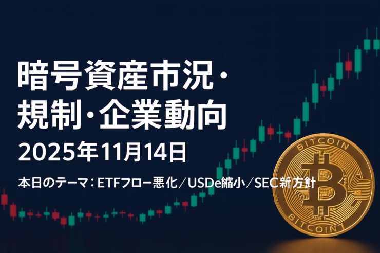 11/13時点のBTC/ETH ETF純流出（BTC-$278M/ETH-$184M）とUSDe供給減少、SEC新方針・Circle/Tether決算などを11/14時点で整理した市況ダイジェスト。短期のボラ要因と中期の制度・収益構造を俯瞰できる内容。（JST 2025-11-14 10:00頃）
