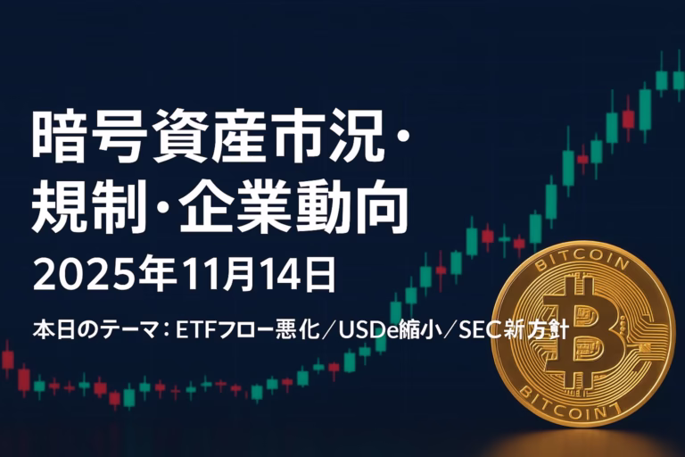 11/13時点のBTC/ETH ETF純流出（BTC-$278M/ETH-$184M）とUSDe供給減少、SEC新方針・Circle/Tether決算などを11/14時点で整理した市況ダイジェスト。短期のボラ要因と中期の制度・収益構造を俯瞰できる内容。（JST 2025-11-14 10:00頃）