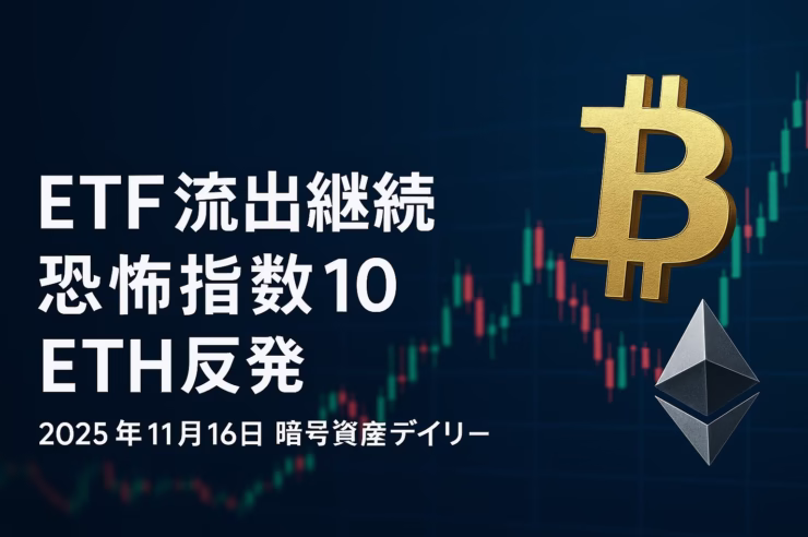 BTC $96,000割れ・ETH $3,200回復の中で、BTC現物ETF▲$492M・ETH現物ETF▲$178M流出と恐怖貪欲指数10（JST 11/16 12:00時点）を整理。24h清算$336Mとクジラ買い・CEX流出の両方を踏まえ、短期レンジと需給のヒントをまとめた図用テキスト。
