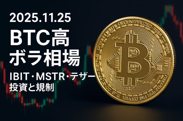 2025年11月25日 JST 12:30時点の市況。BTCは$89,000台へ反発。IBIT資産$100B突破の一方でボラティリティ上昇。金融庁の規制動向にも注目。