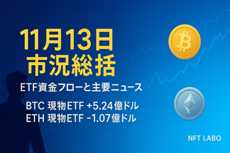 11/13のETFフローと主要ニュースを一覧化した市況ダイジェスト。BTC ETF+5.24億ドル流入、ETH ETF-1.07億ドル流出、OKX上場廃止6銘柄、VisaのUSDC送金パイロット、MSTR mNAV割れ、FPL IEO急落とSCB発動までを時系列で整理。