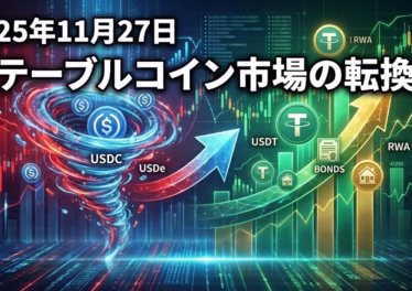 2025-11-27 JST時点のステーブルコイン市場を整理。10/11急落後に約60億ドル縮小し、USDC・USDe減少とUSDT約1,847億ドル・RWAトークン330→360億ドルへのシフトが進行。BTCは約87,615ドルで9万ドル手前レンジ。