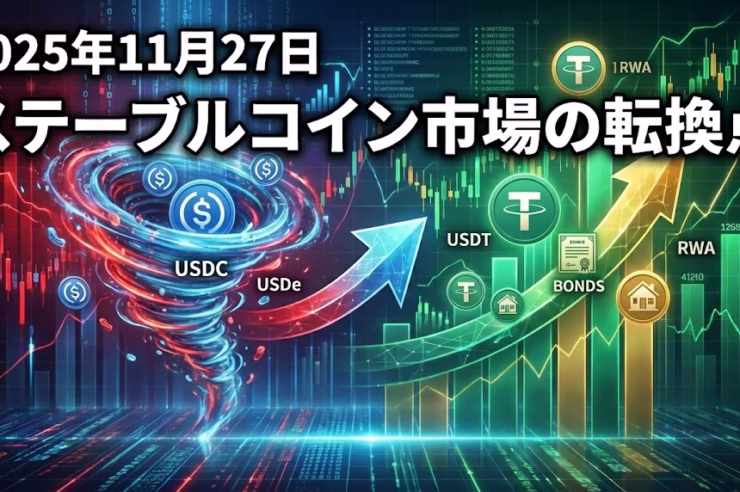 2025-11-27 JST時点のステーブルコイン市場を整理。10/11急落後に約60億ドル縮小し、USDC・USDe減少とUSDT約1,847億ドル・RWAトークン330→360億ドルへのシフトが進行。BTCは約87,615ドルで9万ドル手前レンジ。