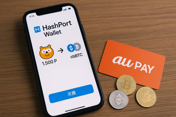 HashPort WalletのPontaポイント交換機能概要。オンランプ上限は月20,000ポイント、au PAYオフランプ上限は月50,000円。対応通貨はUSDCとcbBTC。2025/12/04時点。