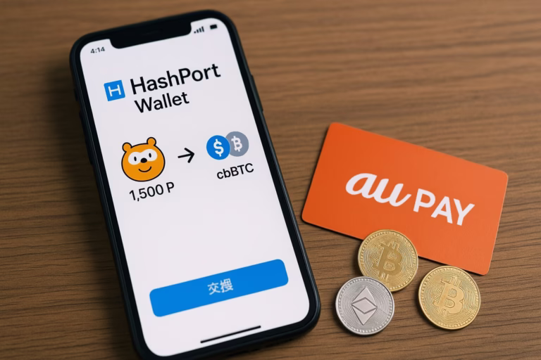 HashPort WalletのPontaポイント交換機能概要。オンランプ上限は月20,000ポイント、au PAYオフランプ上限は月50,000円。対応通貨はUSDCとcbBTC。2025/12/04時点。