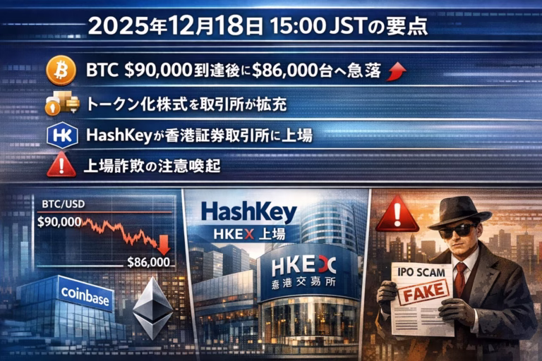 12/18 15:00 JST時点。BTCは一時$90k到達後に$86k台へ下落。HashKeyの香港上場やCoinbaseの株式機能拡張など、取引所のインフラ変革が進む。