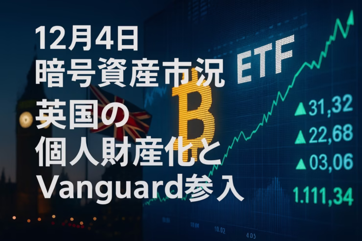 12/4市況まとめ。VanguardがETF取引解禁、英国でデジタル資産法成立。BTCは9.35万ドル。米銀は1-4%配分を提案。機関投資家の参入環境が整う一方、AI攻撃などリスクも顕在化。