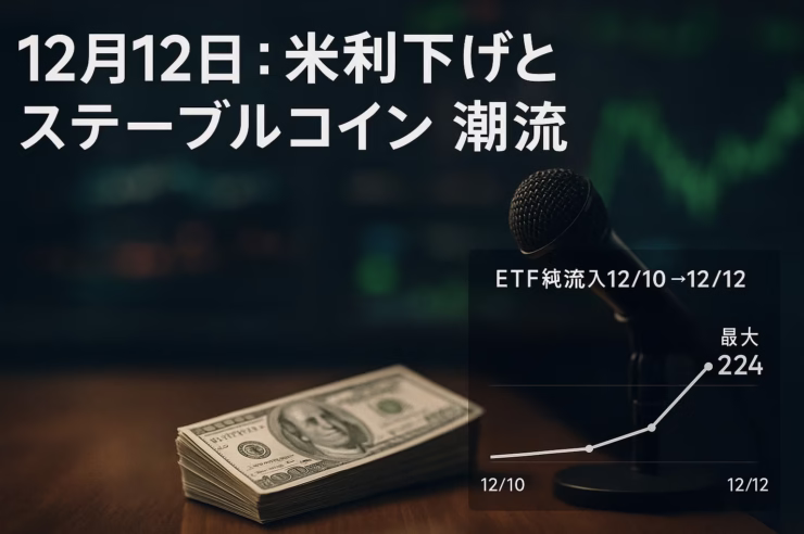 2025-12-12 09:00 JST。米FRBが25bp利下げ決定し国庫券購入へ。アブダビADGMがUSDTを承認し規制整備進む。BTC現物ETFは+$224M流入。