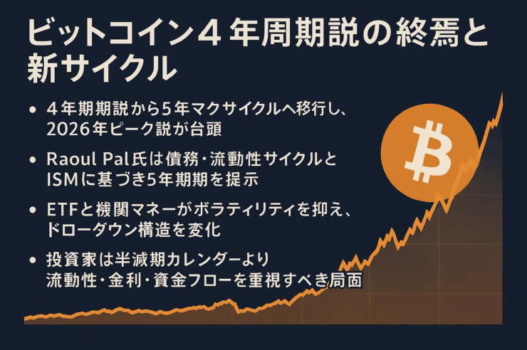 ビットコイン市場分析サマリー。Raoul Pal氏提唱の5年流動性サイクルとETF残高（1,190億ドル）の影響を可視化。2025年10月高値からの30%調整と2026年Q2ピーク予測の対比。JST 12/06 11:30時点。