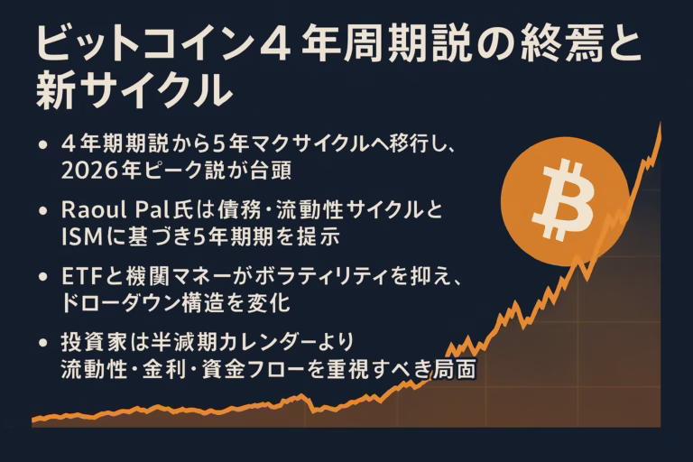 ビットコイン市場分析サマリー。Raoul Pal氏提唱の5年流動性サイクルとETF残高（1,190億ドル）の影響を可視化。2025年10月高値からの30%調整と2026年Q2ピーク予測の対比。JST 12/06 11:30時点。