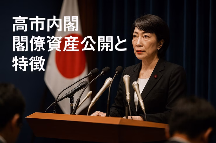 高市内閣閣僚資産の平均6,641万円と内訳分布図。小泉進次郎氏2.7億円、高市早苗氏3,206万円。菅・岸田内閣との比較グラフ。JST 12/07時点。