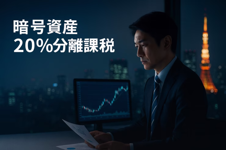 日本の暗号資産税制改正案まとめ。最大55%の総合課税から一律20%の申告分離課税へ移行検討。損失繰越3年も視野。2026年適用目標。