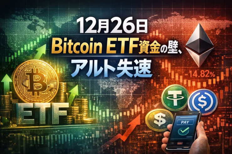2025-12-26 09:00 JST時点。ETF純流出1.75億ドル、Trip.com決済対応、デリバティブ年85.7兆ドル。資金分断と実需乖離。