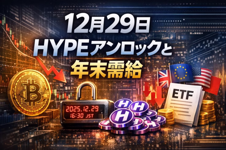 2025-12-29 16:30 JSTにHYPEが約2.56億ドル解放予定。米BTC現物ETFは26日に2.76億ドルの純流出を記録。BTC価格は一時8.8万ドル台へ回復し、年末の需給変動に注目が集まる。