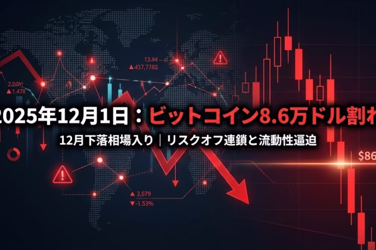 12月1日時点のBTC市況。8.6万ドル割れの主因はロング清算と中期層の売り。ゴールド高値・流動性逼迫のリスクオフ環境下だがETF流入は継続。英国DeFi税制など長期好材料も。JST 12/01 15:50時点。