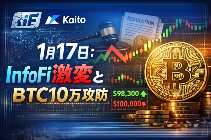 2026-01-17 11:50 JST ・XのAPI変更でInfoFi市場が縮小、Kaito等が方針転換 ・BTCは$98,300の売り板消化が焦点 ・DBR（6.18億枚）とZKの大型アンロックに注意