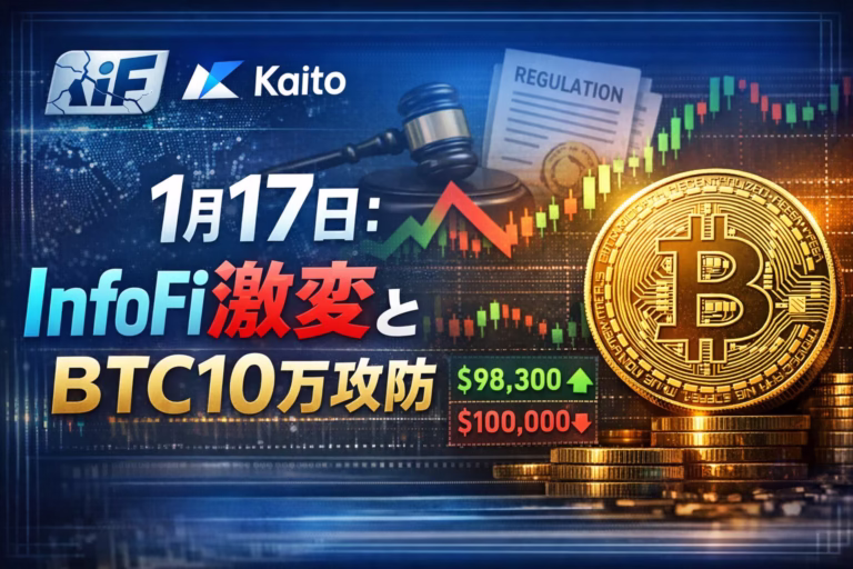 2026-01-17 11:50 JST ・XのAPI変更でInfoFi市場が縮小、Kaito等が方針転換 ・BTCは$98,300の売り板消化が焦点 ・DBR（6.18億枚）とZKの大型アンロックに注意
