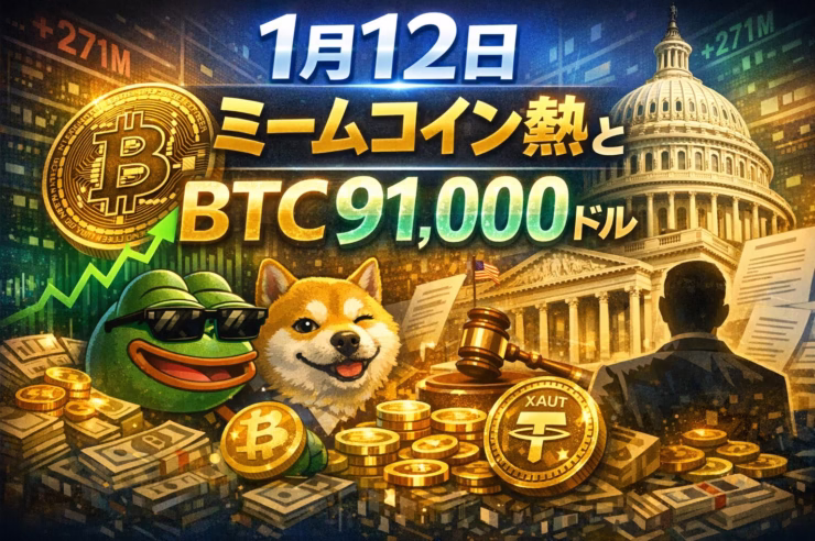 2026/01/12 12:00 JST時点の要点： ・BTCは$91,003へ回復、BNB Chain基金会がMeme購入 ・1/18にTRUMPトークン約$271Mのロック解除予定 ・1/15に米上院で市場構造法案を審議