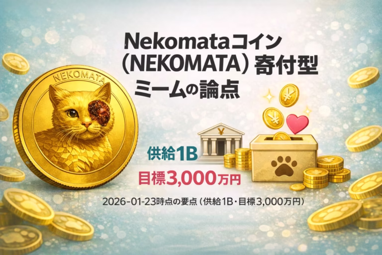 2026-01-23時点のNEKOMATA市場データ。時価総額$494K、寄付目標3,000万円。権利と資金の透明性が論点。