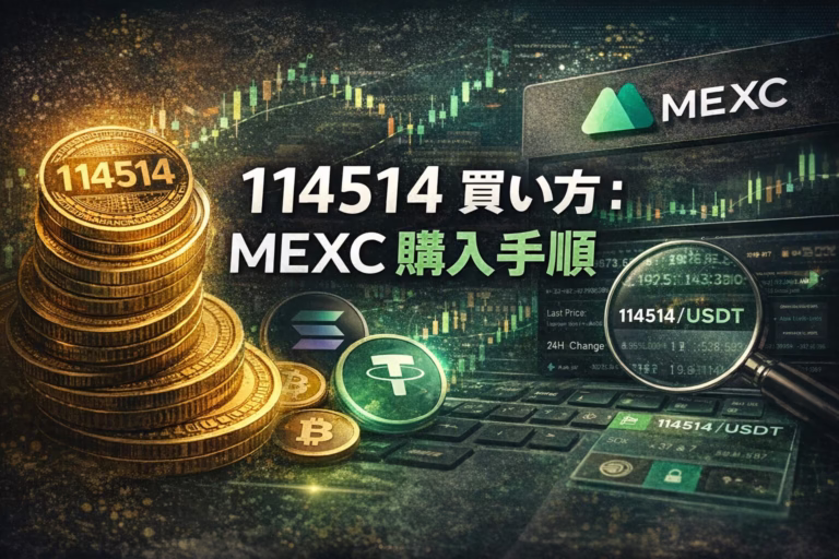 2026-01-05にMEXC上場の114514購入手順。USDT入金から現物購入、SOLネットワークでの出金を確認。金融庁の無登録警告（2024-11-28）にも留意。コントラクトはAGdGTQa8...upump。