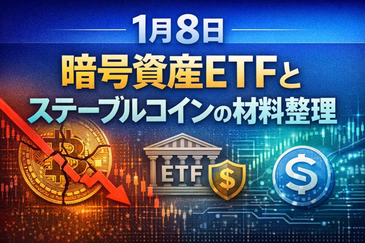 2026年1月8日市況。BTC9.1万ドル割れ、24時間清算4.16億ドル。SUIやLINKのETF申請・承認報道が続く。米法案審議は1月15日予定、日本のCARF対応も開始。