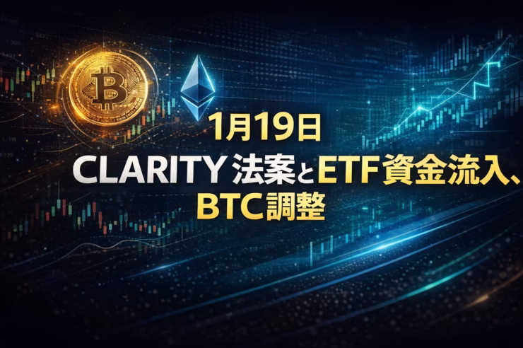 2026-01-19市況。BTC現物ETF週次流入+14.2億ドル、価格は$95k割れ調整。米国市場構造法案の行方と1/20のZRO解禁に注目。
