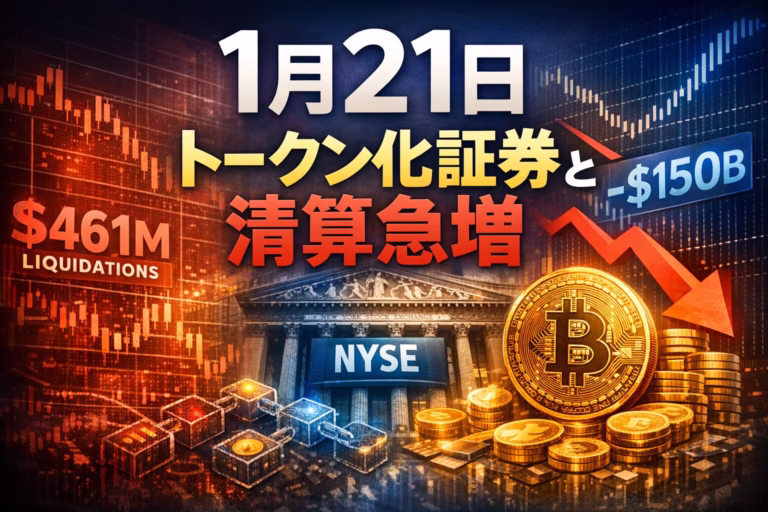 2026/01/21 14:00 JST時点。市場清算が$461Mに達し、時価総額が急減。一方でNYSEがトークン化証券基盤を開発中との報道あり。中国AML強化やBTCプライバシー技術も注目点。