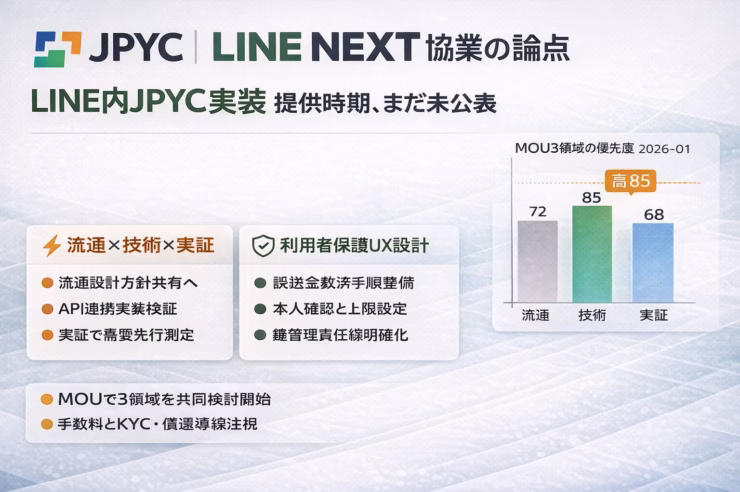 2026年1月20日、LINE NEXTとJPYC社がMOU締結を発表。LINEアプリ内でのステーブルコイン活用、決済やリワード配布の実装検討、チェーン選定の柔軟性について要点を整理。